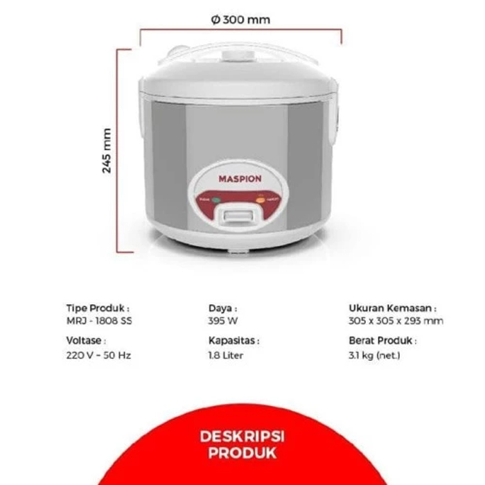 Maspion Rice Cooker 3 In 1 Silver 1.8 L - MRJ1808SSN | MRJ1808 SSN